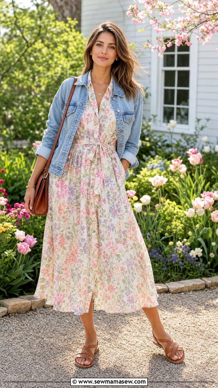Floral shirt dress with denim jacket outfit - 25 Shirt dress outfit ideas with a denim jacket