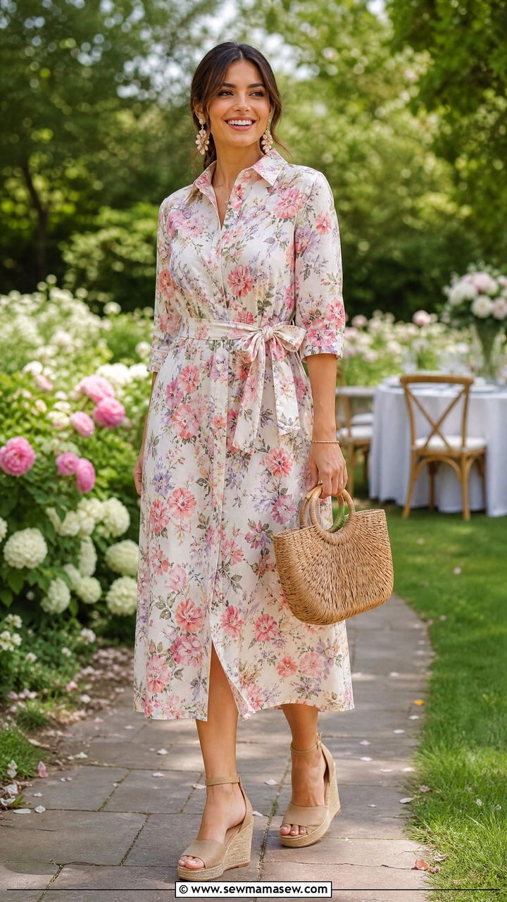 Floral shirt dress with selftie belt and wedges - 25 Shirt dress outfit ideas with a belt