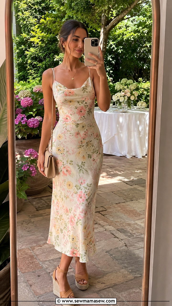 Floral slip dress with neutral accessories and wedges - 30 How to style a slip dress in spring