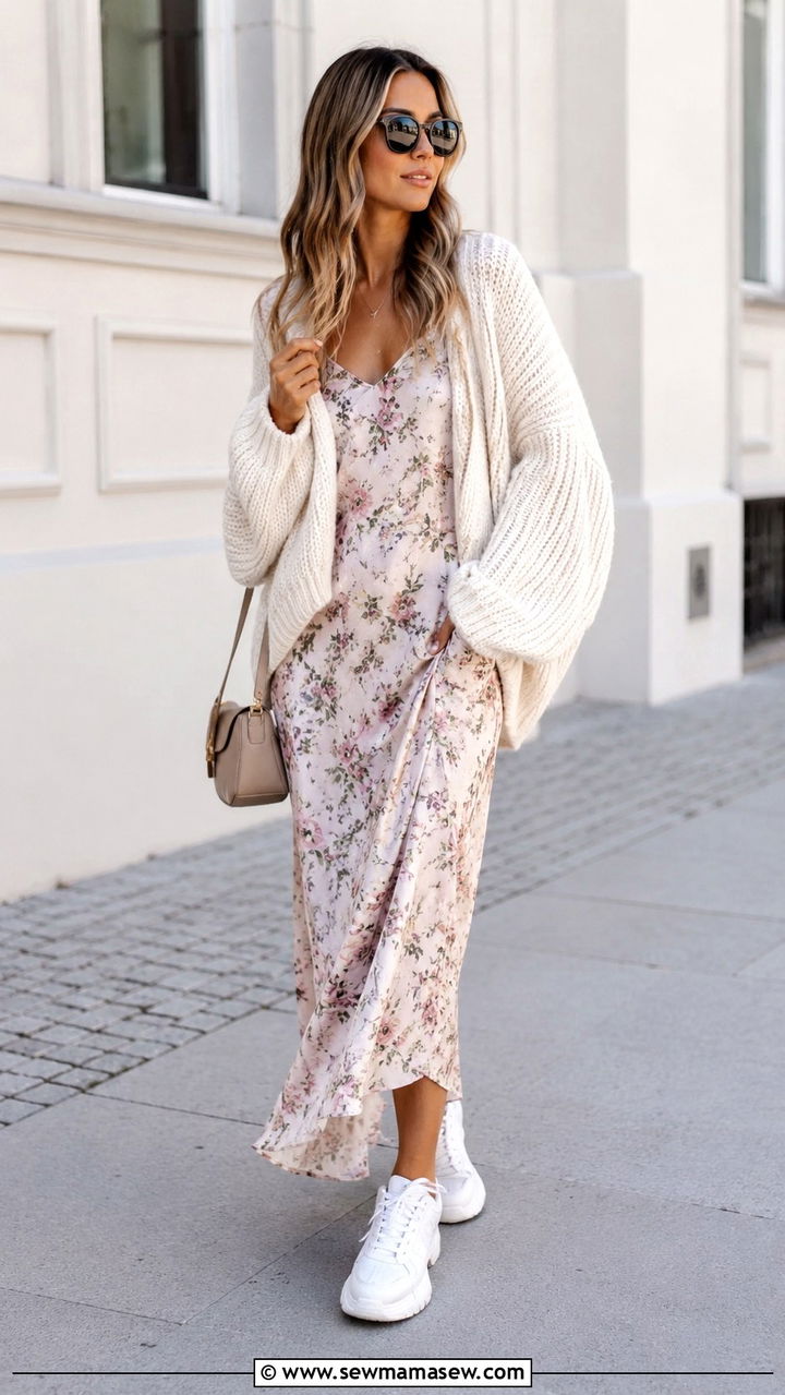 Floral slip dress with oversized knit and sneakers - 30 transitional sneaker outfit ideas