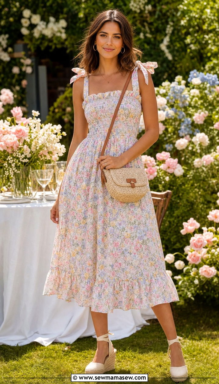 Floral smocked midi dress with espadrille wedges - 25 Smocked dress outfit ideas summer