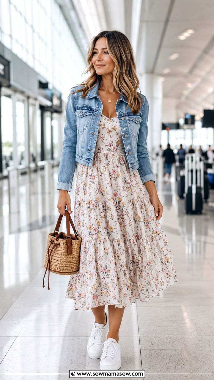 Floral sundress and denim jacket outfit - 25 Airport outfit ideas for tropical destination
