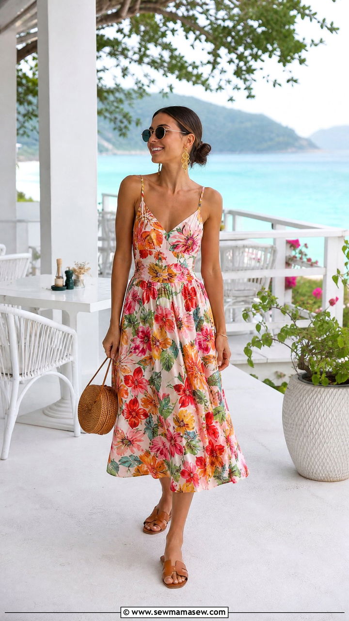 Floral sundress with flat slide sandals - 25 Phuket vacation outfit ideas