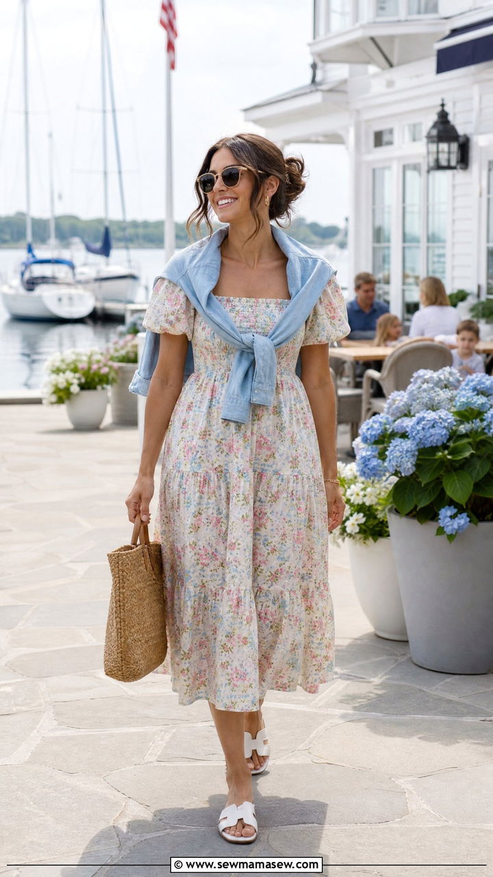 Floral tea length dress with flat sandals - 25 Yacht club outfit ideas