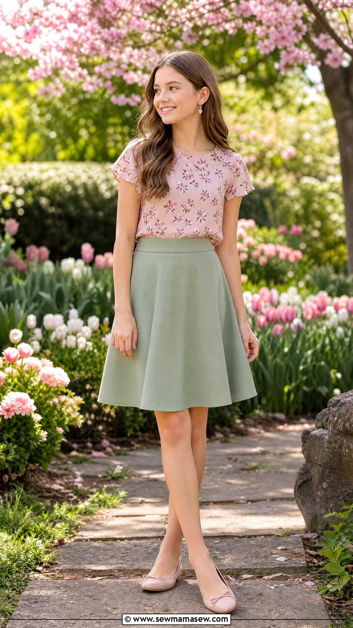 Floral top with A line skirt for picture day - 25 High school picture day outfit ideas