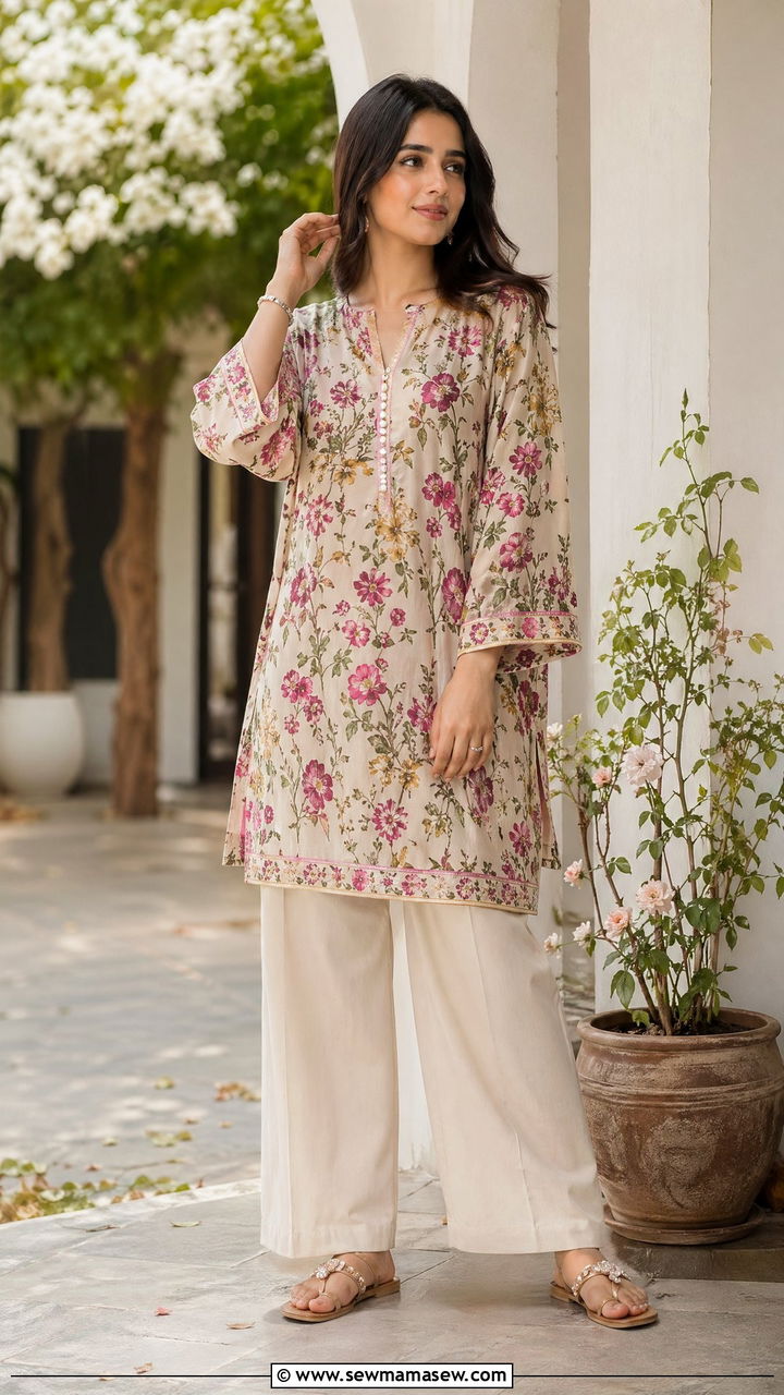 Floral tunic with wide leg pants and flat sandals - 35 Eid outfit ideas modest