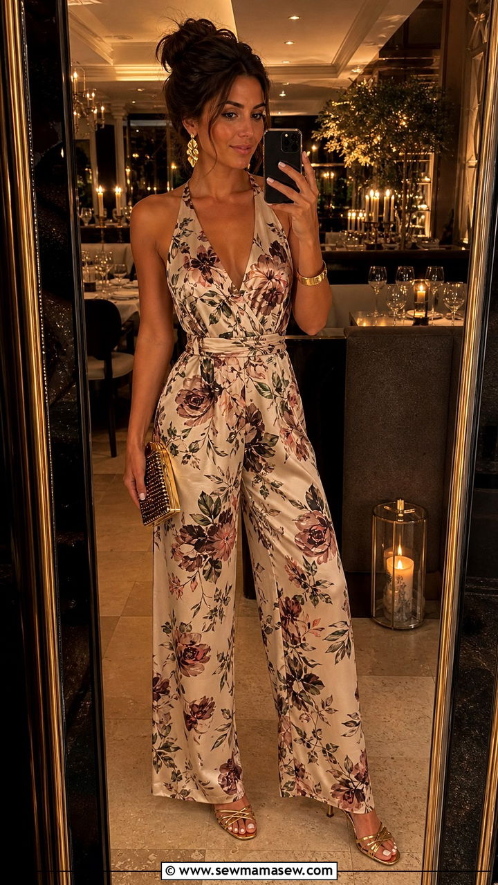 Floral wide leg jumpsuit and gold accessories Savannah look - 40 What to wear in Savannah