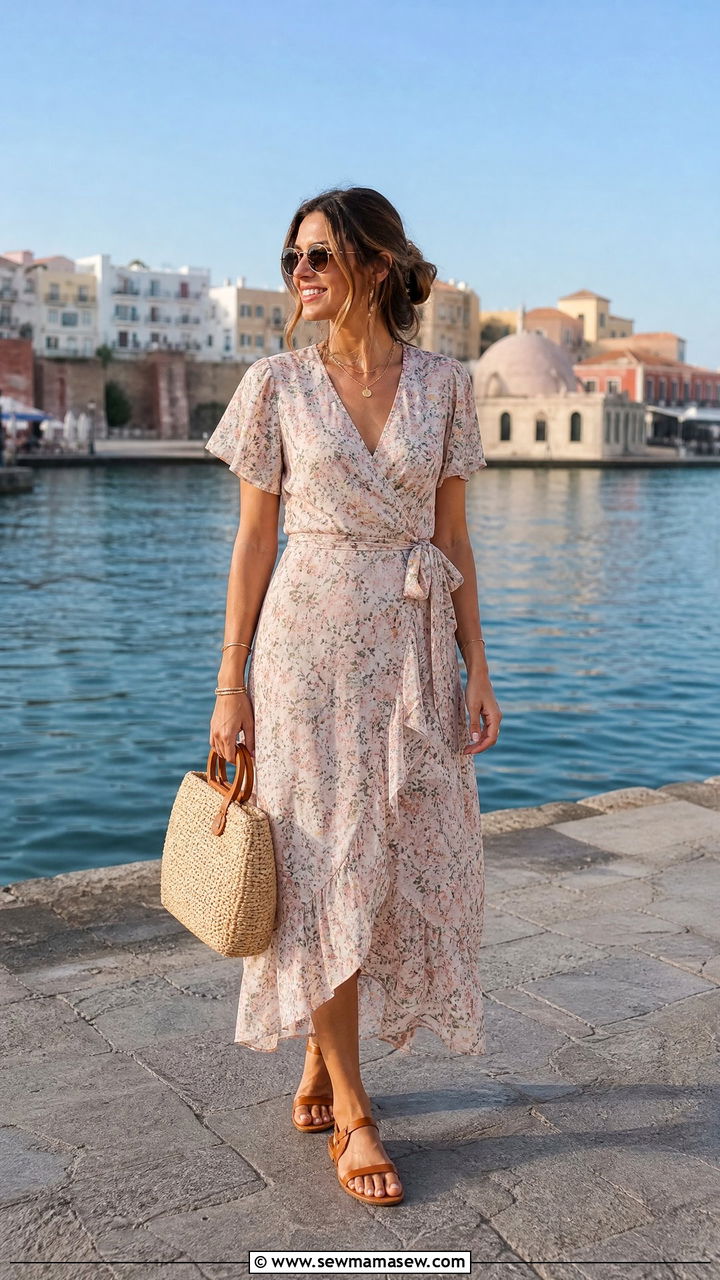 Floral wrap dress and flat sandals outfit - 25 Greece spring outfit ideas