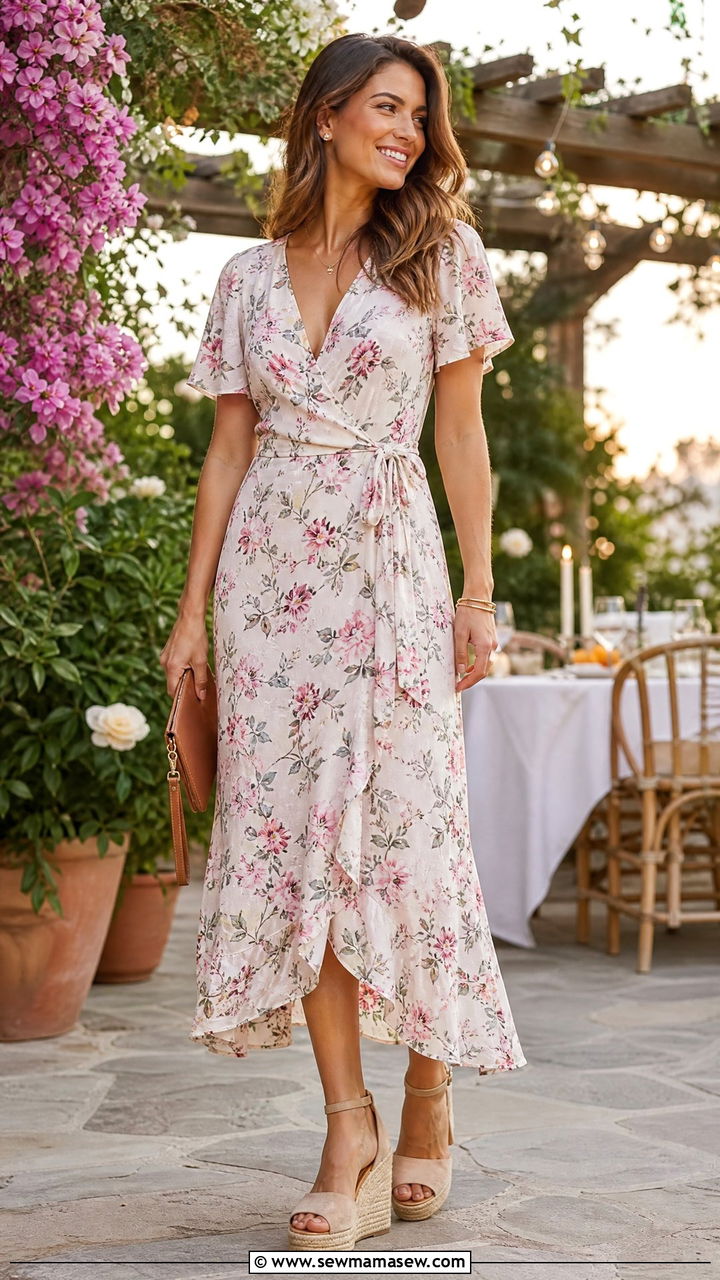 Floral wrap dress and wedges - 30 Honeymoon outfit ideas