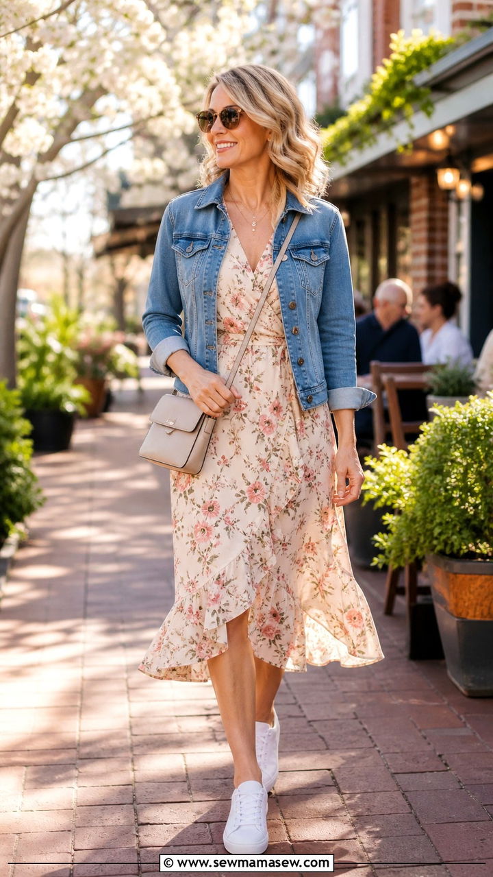Floral wrap dress with denim jacket spring outfit - 40 Spring outfit ideas for women over 40 2026