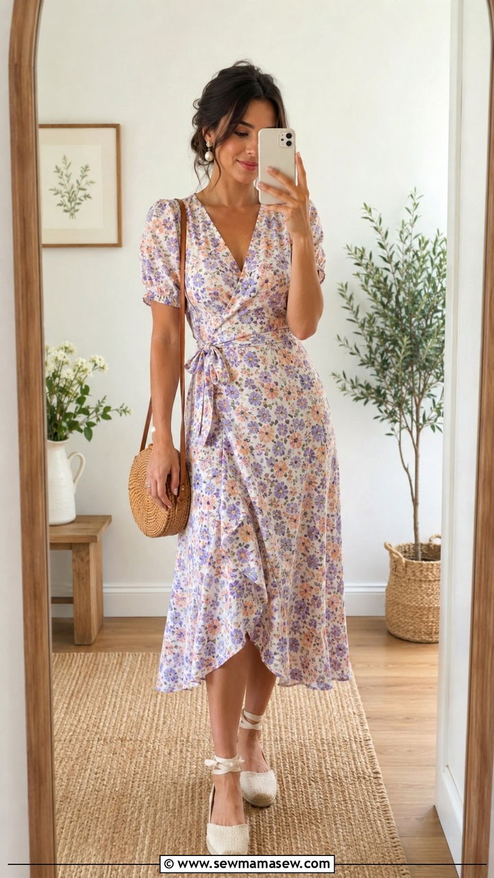 Floral wrap dress with espadrille flats - 30 spring cottagecore outfit ideas