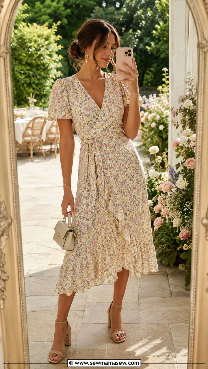Floral wrap dress with heeled sandals - 30 Spring cottage outfits