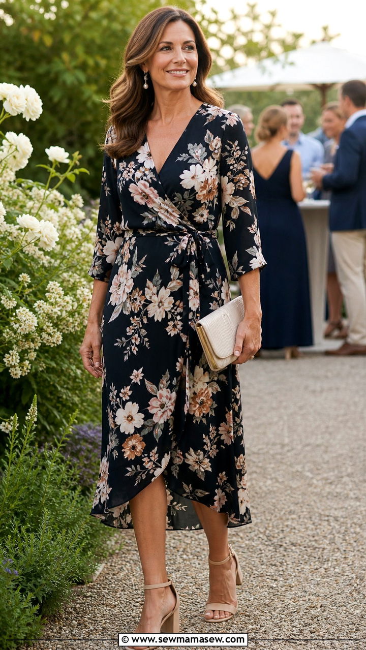 Floral wrap dress with heeled sandals - 40 spring outfit ideas for women over 40