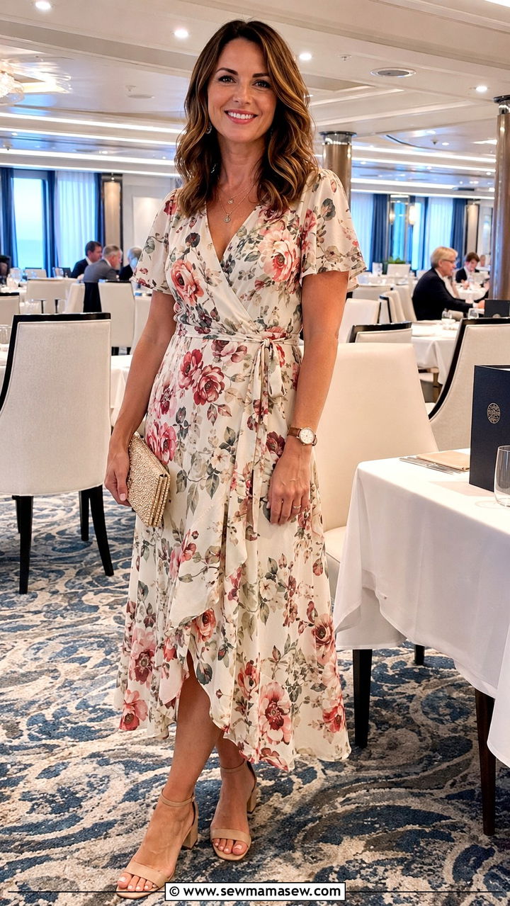 Floral wrap dress with nude heeled sandals outfit - 30 Small ship cruise outfit ideas