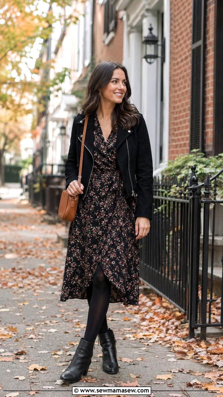 Floral wrap dress with tights and ankle boots - 25 Wrap dress outfit ideas with tights