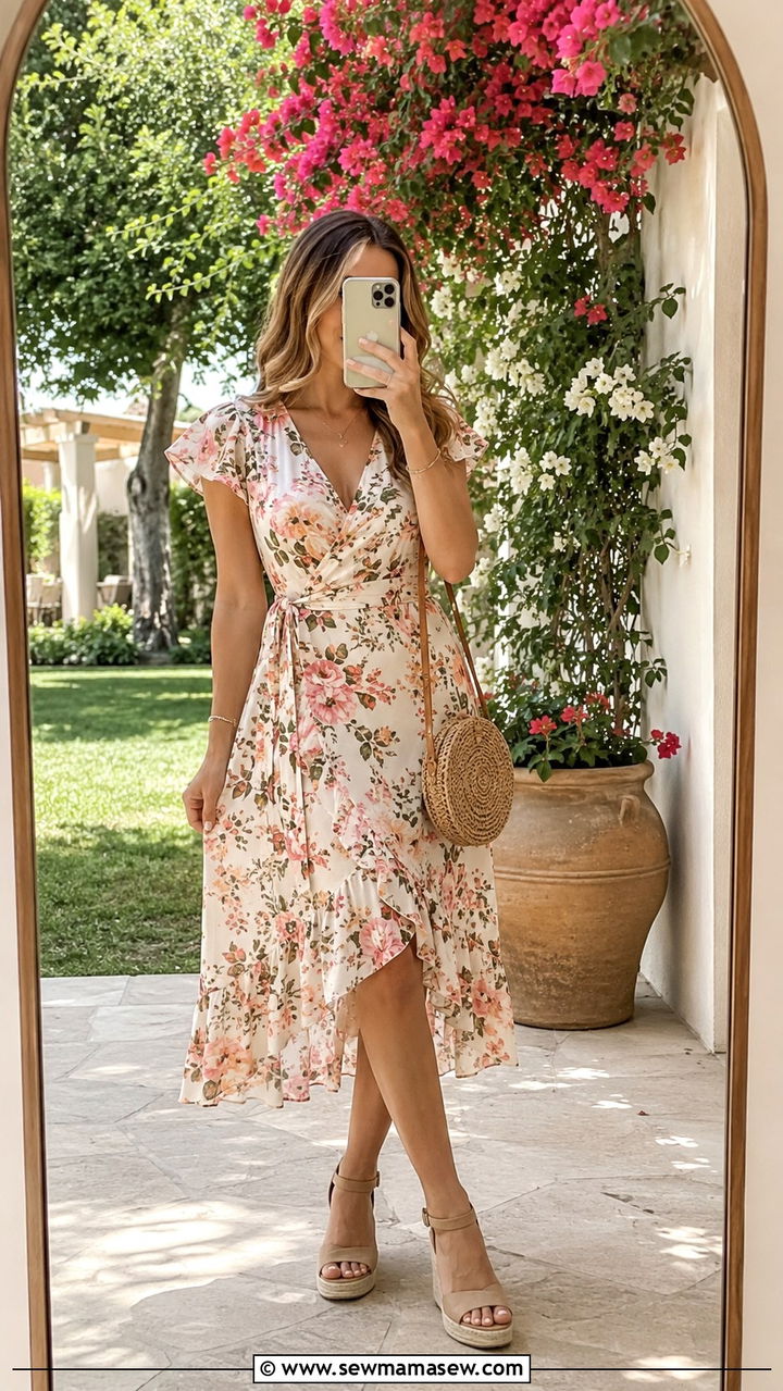 Floral wrap dress with wedge espadrilles - 30 Graduation outfit ideas for guests 2026