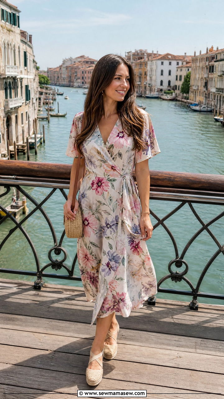 Floral wrap dress with wedge espadrilles Venice - 40 What to wear in Venice