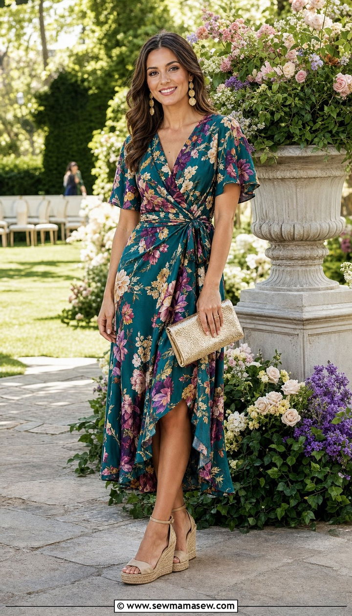 Floral wrap dress with wedge espadrilles for a summer wedding - 25 Cute summer outfit ideas 2026