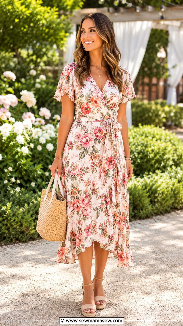 Floral wrap dress with wedge sandals and straw tote for wedding or event travel - 25 travel outfits inspo