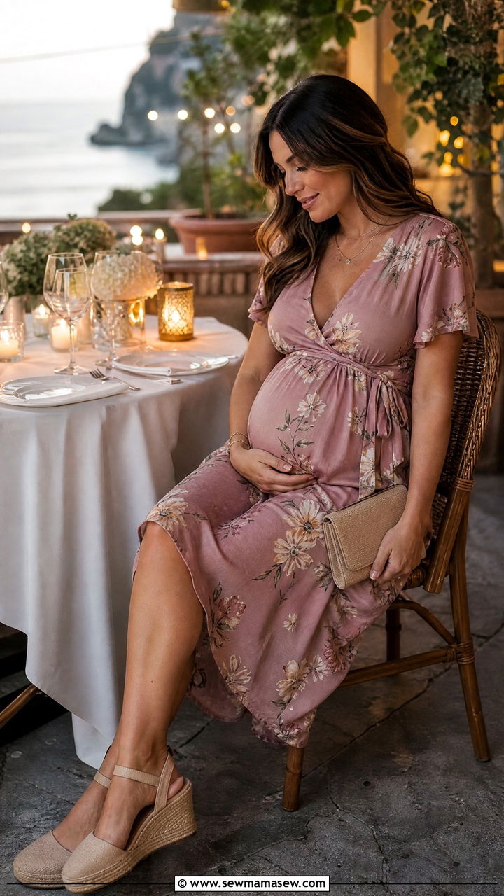 Floral wrap maternity dress for dinner vacation - 30 Maternity outfit ideas for vacation