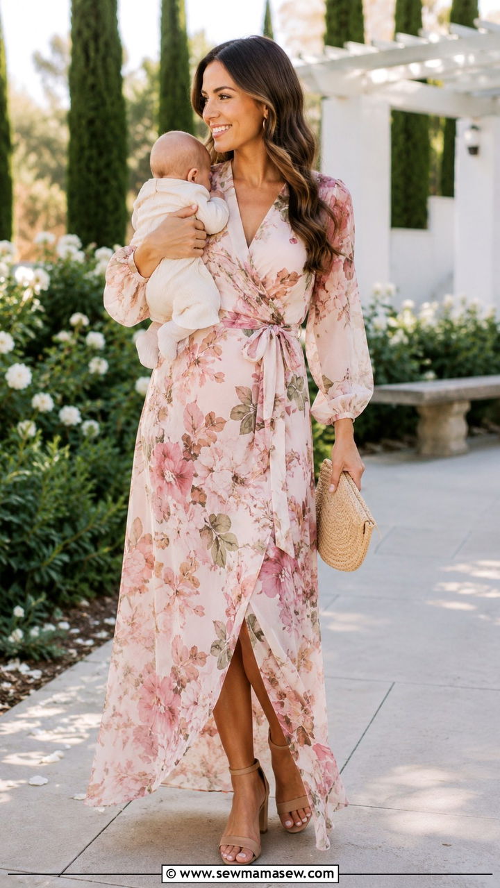 Floral wrap maxi dress with block heels - 25 wedding guest outfits for new moms
