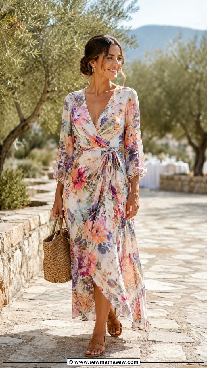 Floral wrap maxi dress with strappy flat sandals for Greek wedding - 20 Wedding guest outfit ideas Greek wedding