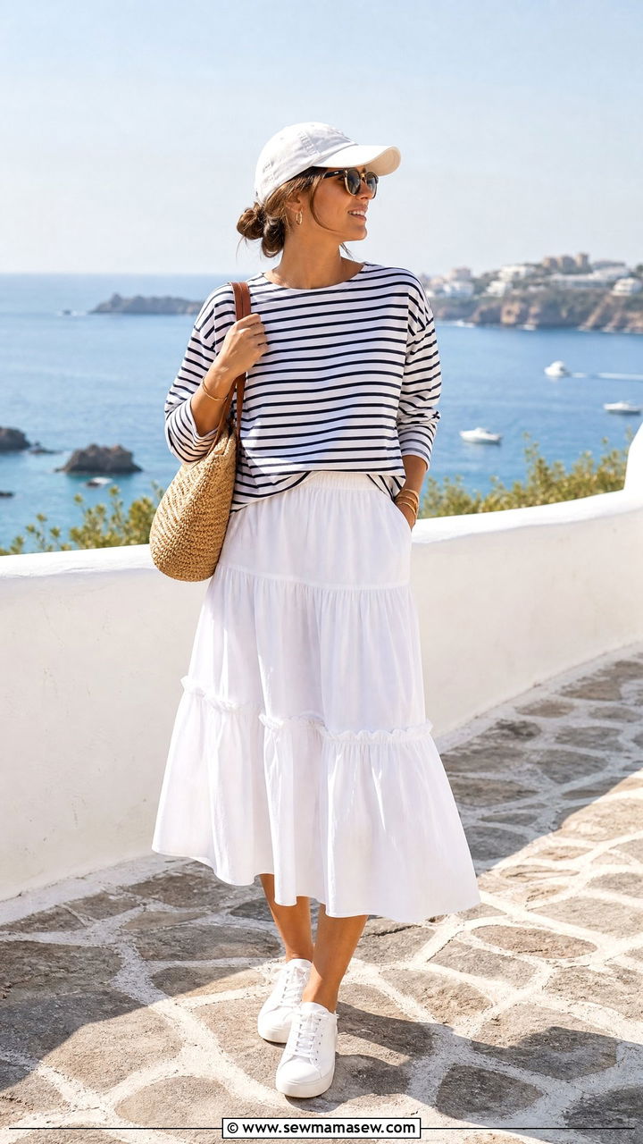 Flounced Skirt With Striped Tee And White Sneakers - 25 White sneakers outfit ideas with a skirt