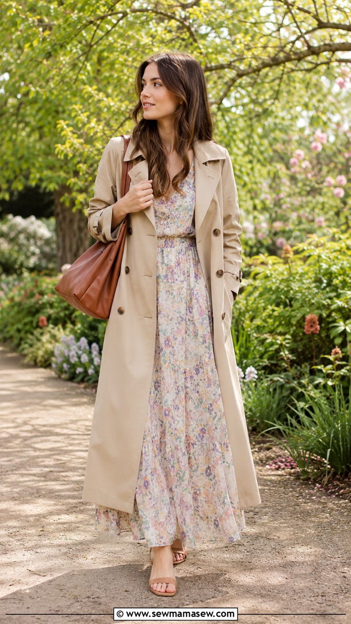 Flowing Floral Maxi Dress with a Lightweight Trench - 25 Modest outfit ideas spring 2026