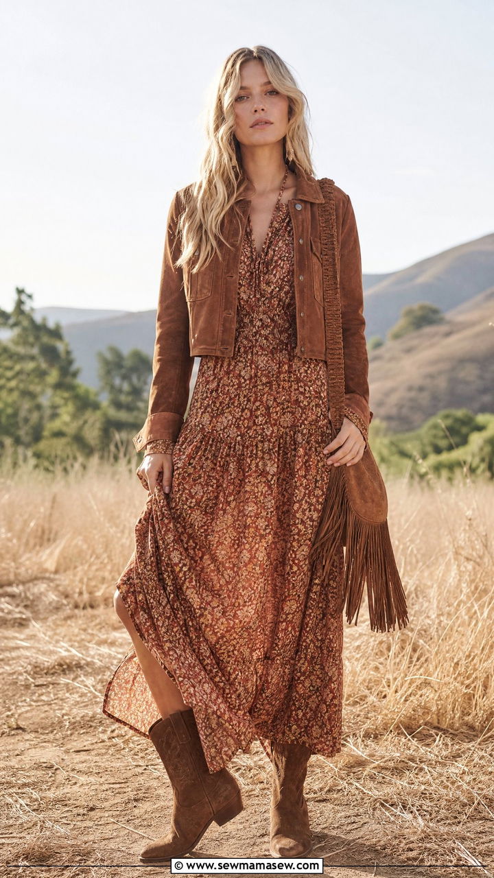 Flowing Maxi Dress With Suede Jacket And Ankle Boots - 25 Free People boho outfit ideas