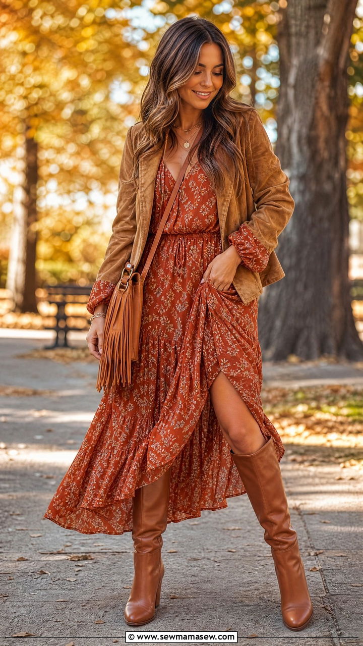 Flowing Maxi Dress With Suede Jacket - 35 Modern boho outfit ideas