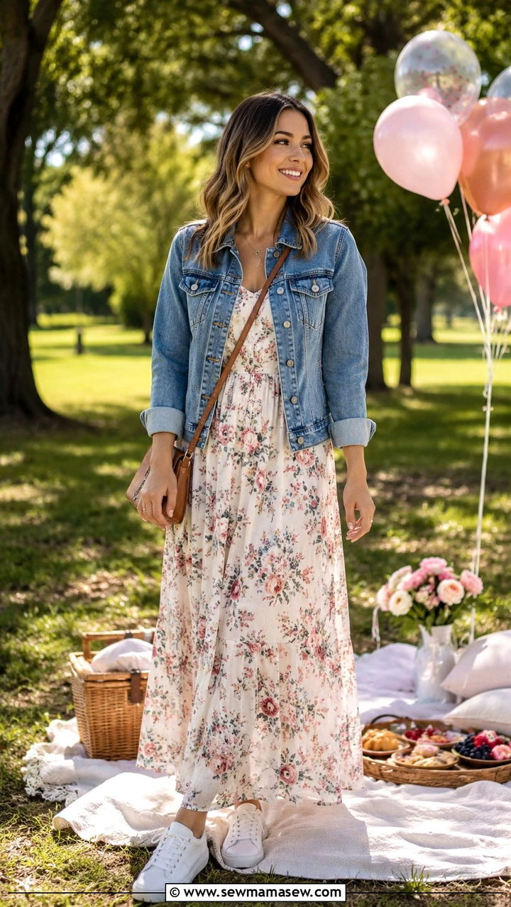 Flowing Maxi Dress with a Denim Jacket - 25 Birthday outfit ideas for women over 50