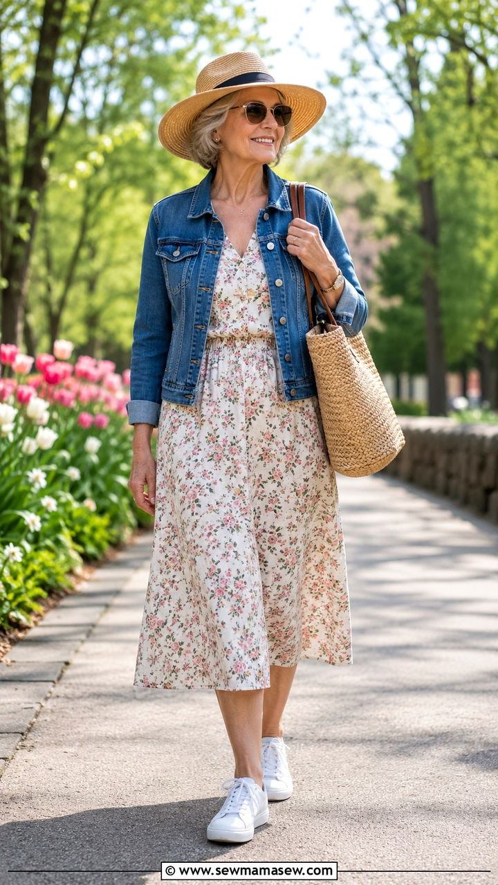 Flowing Midi Dress with Denim Jacket Outfit - 30 Chic outfit ideas for women over 60