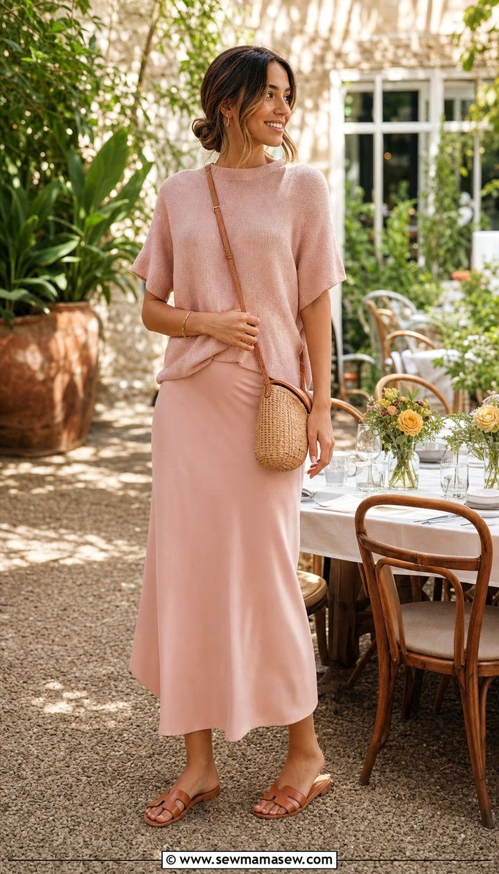 Flowing Midi Skirt With a Tucked In Knit Top - 25 cute quiet luxury outfits