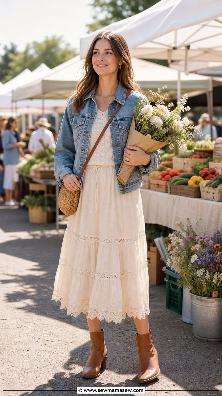 Flowing Midi Skirt with Denim Jacket and Ankle Boots - 30 Cottagecore spring outfits