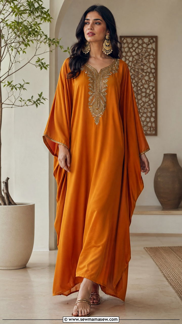 Flowing kaftan dress with statement earrings - 35 Eid outfit ideas modest
