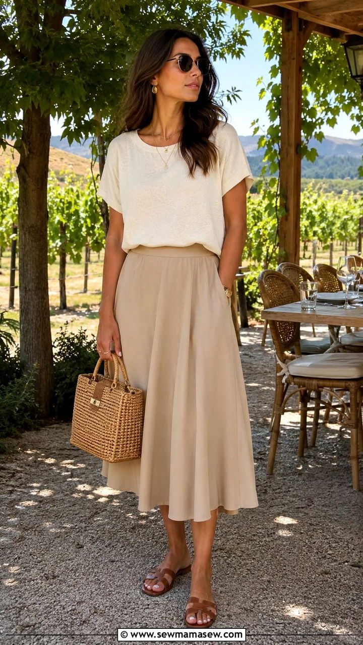 Flowing midi skirt with tucked in blouse - 30 Quiet luxury outfit ideas for brunch