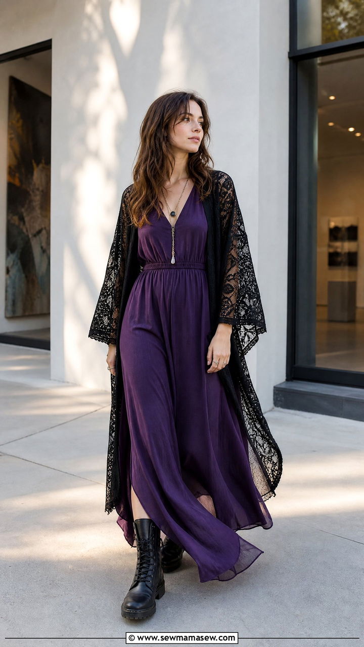 Flowing purple maxi dress with lace kimono and combat boots goth outfit - 40 Gothic outfit ideas