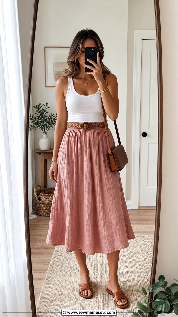 Flowy A Line Midi Skirt With Tailored Tank Top - 20 Summer outfits for 45 degree weather