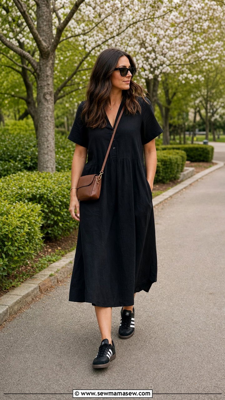 Flowy Black Midi Dress With Brown Crossbody And Black Sambas - 25 spring outfits with adidas sambas