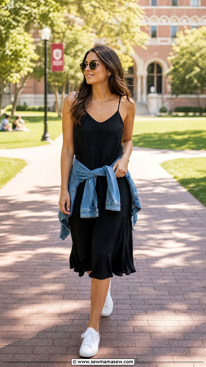 Flowy Black Midi Dress with Classic White Sneakers - 30 First day of college outfit ideas 2026