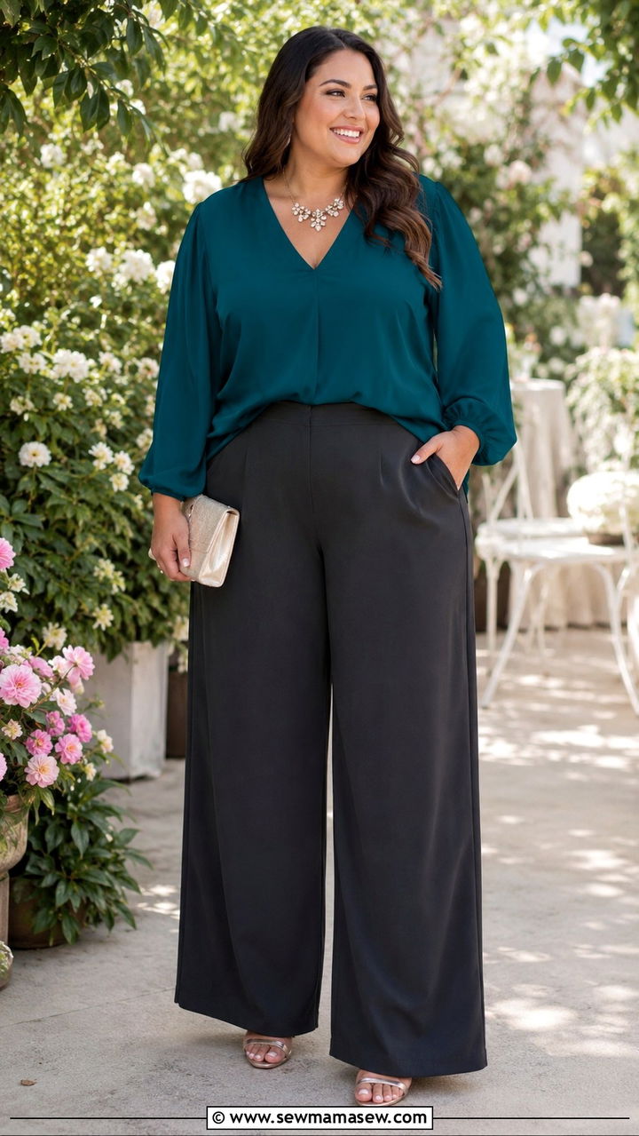 Flowy Blouse and Wide Leg Pants Outfit - 30 Plus size outfit ideas with wide leg pants