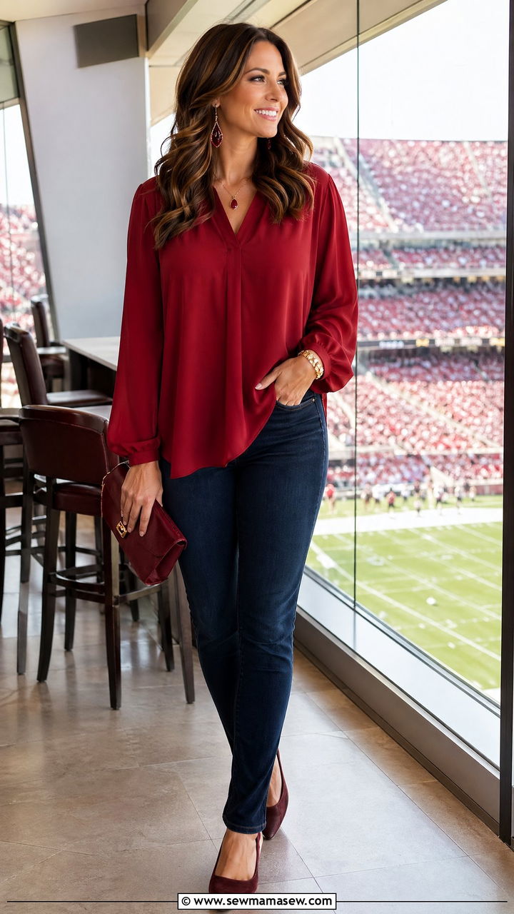 Flowy Blouse with Jeans and Team Color Accessories - 35 Football game outfit ideas for women