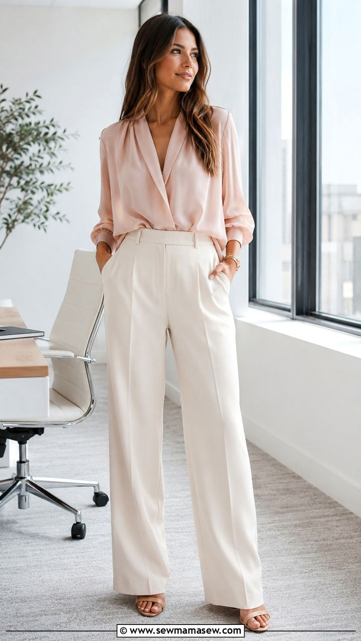 Flowy Blouse with Tailored Wide Leg Trousers - 20 work outfits for apple shaped body