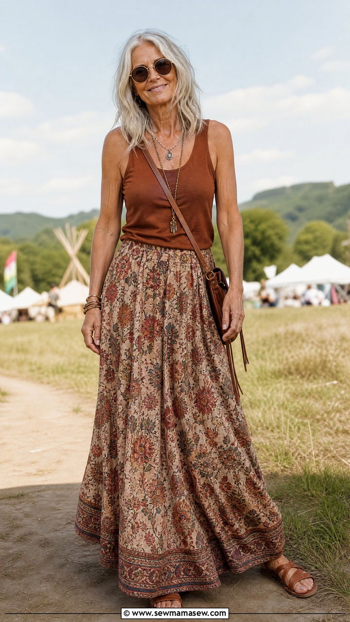 Flowy Bohemian Maxi Skirt and Solid Tank with Flat Sandals - 30 Concert outfits for women over 60