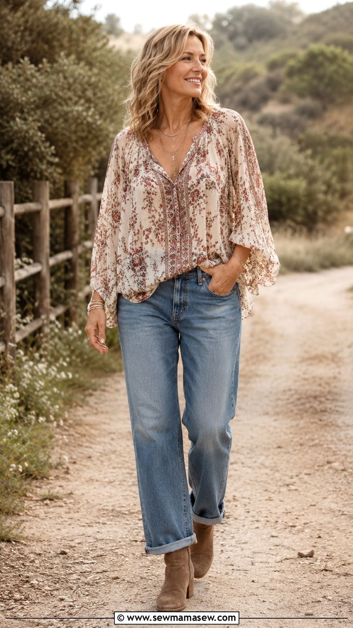 Flowy Boho Blouse with Relaxed Jeans - 30 Modest outfit ideas for women over 50