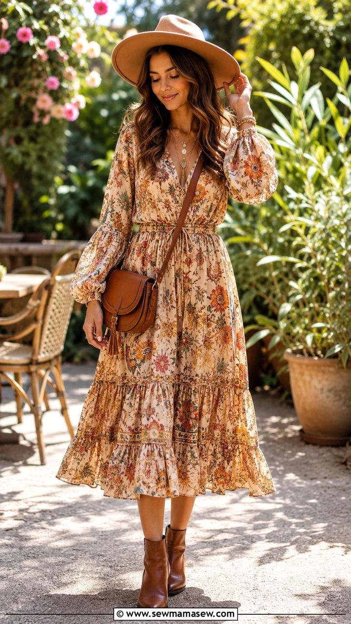 Flowy Boho Dress With Ankle Boots - 30 Bottomless brunch outfit ideas