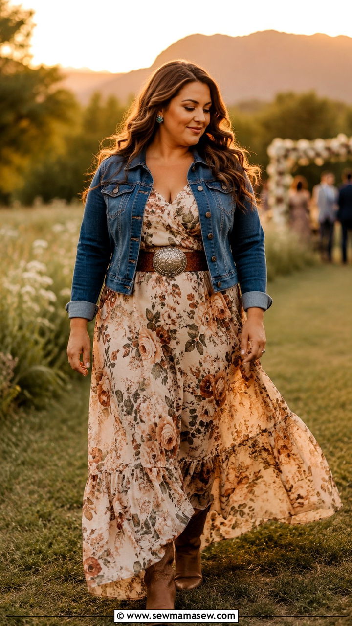 Flowy Boho Maxi Dress With Denim Jacket - 25 Western outfit ideas plus size