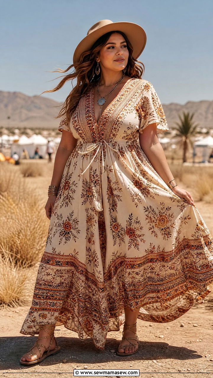 Flowy Boho Maxi Dress With Flat Sandals And Wide Brim Hat - 30 plus size music festival outfit ideas