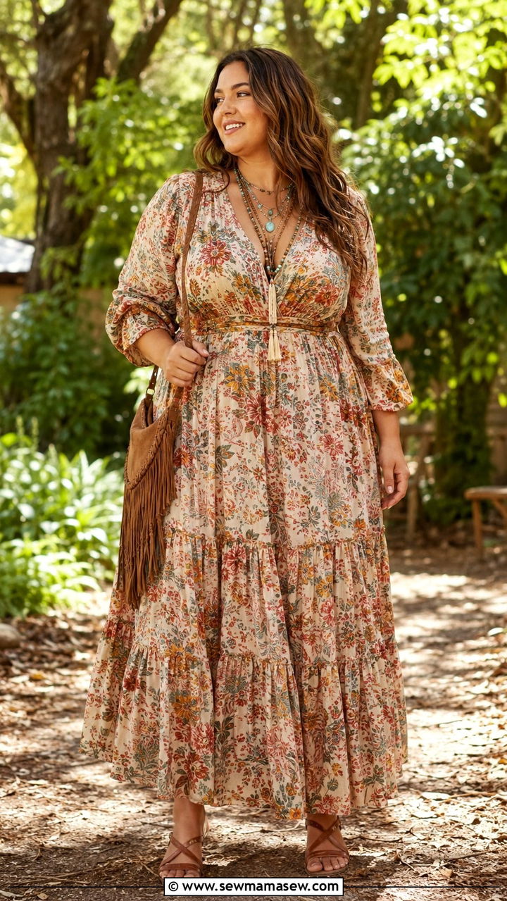 Flowy Boho Maxi Dress with Layered Necklaces - 30 spring plus size outfit ideas