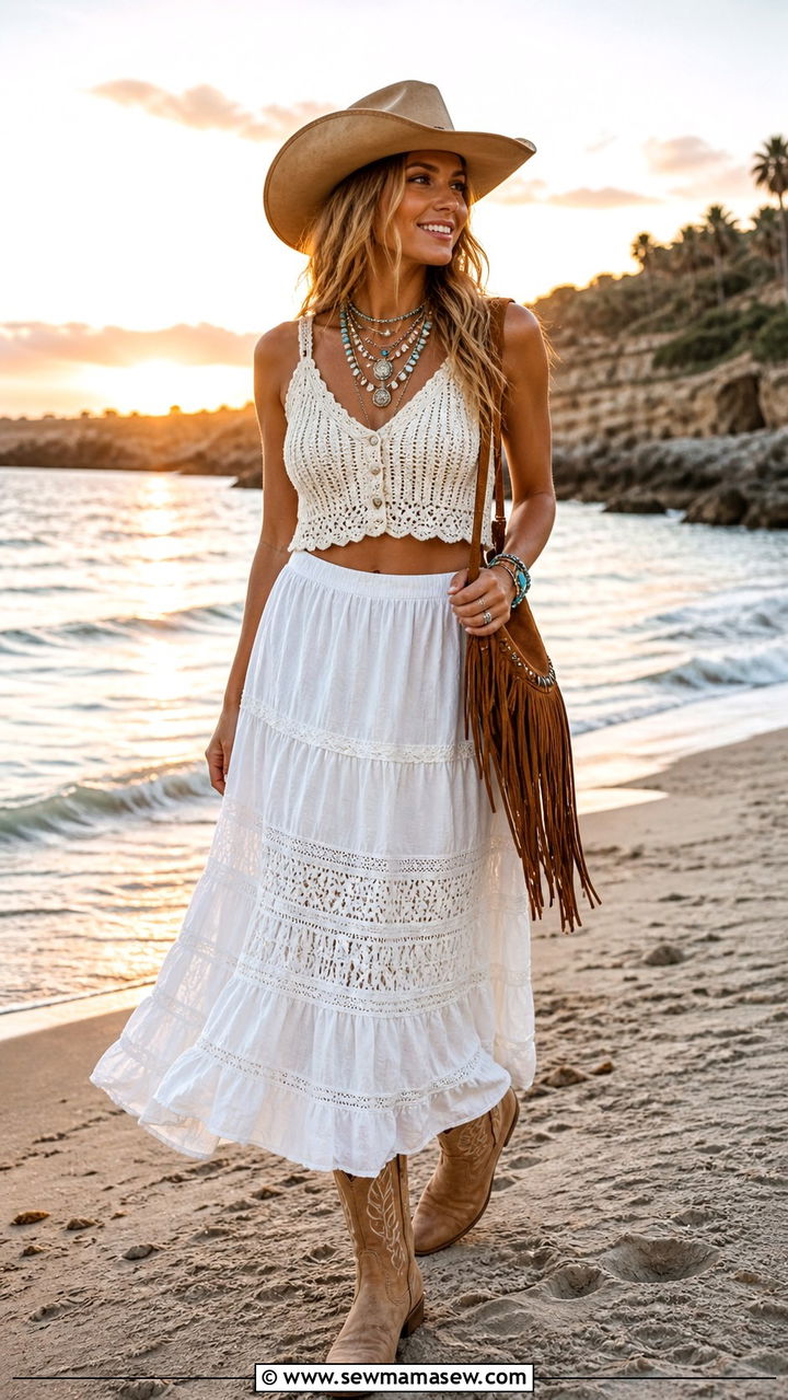 Flowy Boho Maxi Skirt with Crochet Top and Necklaces - 20 cute coastal cowgirl outfits